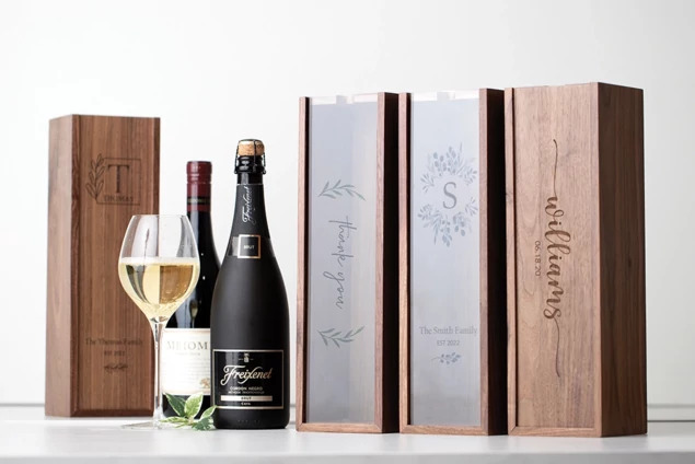 Tyndell Walnut Wood Wine Box with clear acrylic sliding top showing natural walnut wood construction for wine bottle delivery