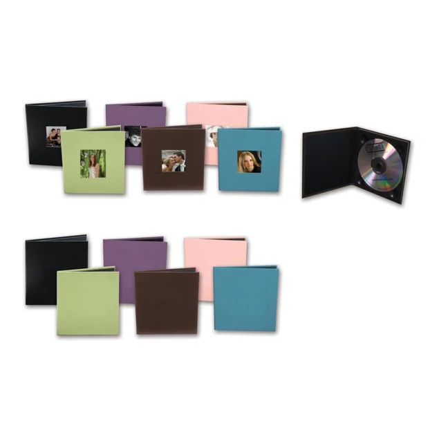CD-1 Holders in Black, Green, Purple, Brown, Pink, and Blue showing plain and window cover options