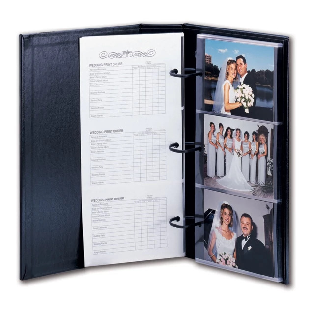 Black Concord Preview Album open showing 4x6 proofs in 3-view horizontal leaf layout