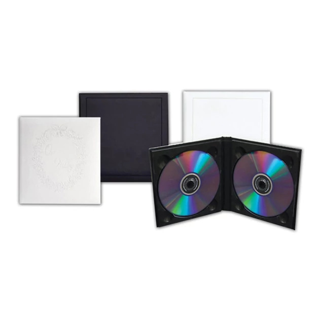 White embossed Our Wedding Double Horizontal CD Album open showing two disc slots with padded cover