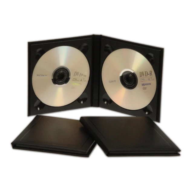 Black Double Horizontal CD Album open showing two disc slots and padded cover design