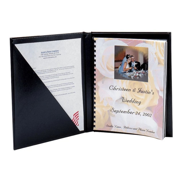 Black Ovation Folder showing pebble finish cover, interior pocket, and 3 8 inch comb binding in 8x10 size