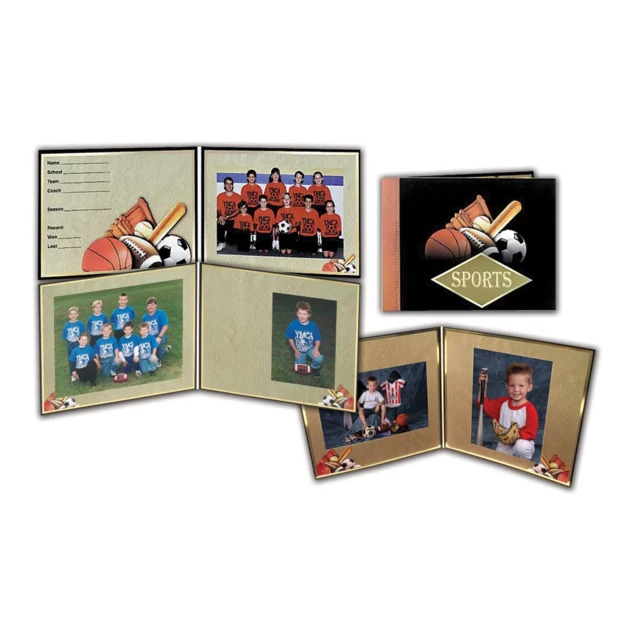 PM All Sports Folder in 7x5 5x7 showing matte black coated board with gold foil border and all-sports design