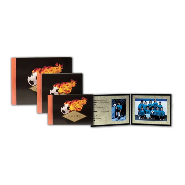 PM Soccer Folder showing flaming soccer design with gold foil and embossing in 7x5 3x5 configuration