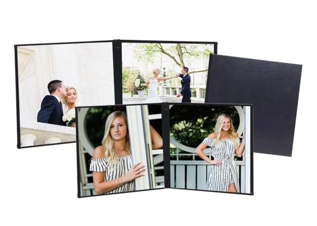 Peel and Stick Self-Mount Repositionable Folio in 8x8 double showing black simulated leather cover with flush mount design