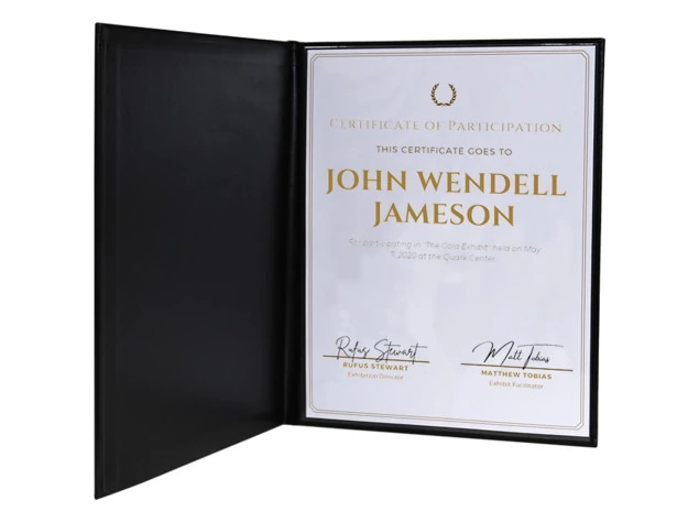 Premier Certificate Holder in Black Gold showing 11x8.5 landscape orientation with acetate sleeve and gold foil border