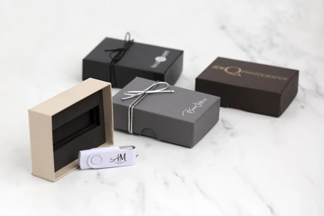 Tyndell USB Kit in Black Leather showing portrait wallet box with foam insert and 10 inch stribbon