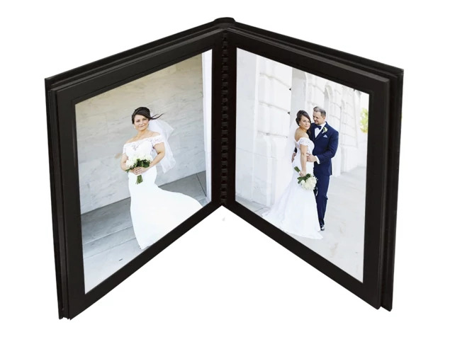 Parade Albums in Black Black, Black Gold, and White Gold showing simulated leather cover and foil border options