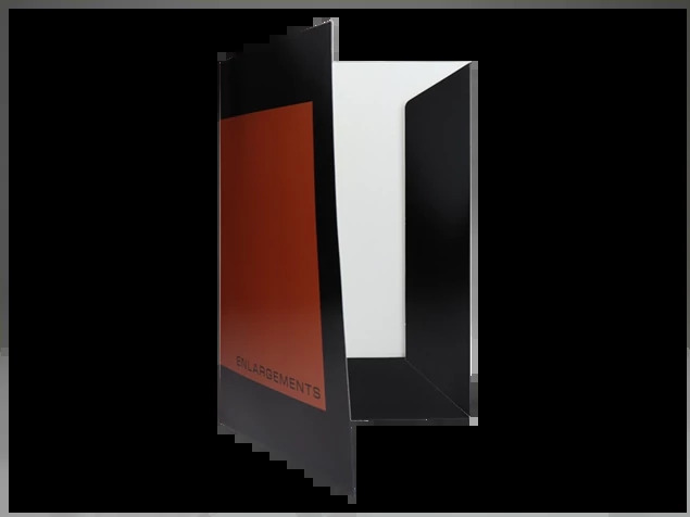 Royal Enlargement Folder in 8x10 showing black finish with gold foil border and slip-in loading design