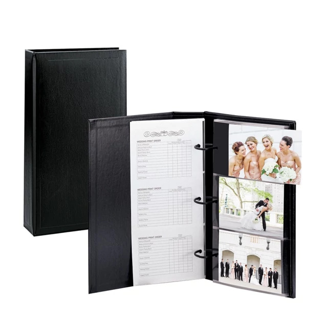 Black Concord Preview Album shown open and closed holding 210 4x6 proofs in 3-view horizontal layout