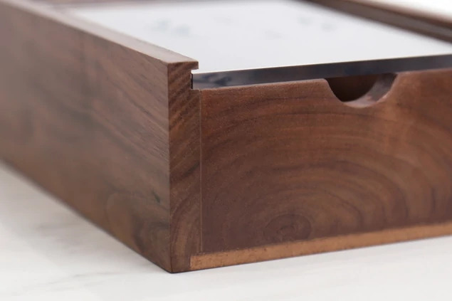 Tyndell Walnut Wood Print Box with acrylic top close-up showing natural walnut grain with clear acrylic sliding lid