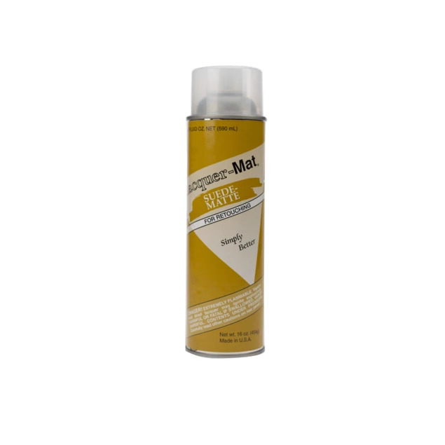 Suede lacquer aerosol spray can in yellow label showing suede-like finish for pencil retouching and mixed media work on prints