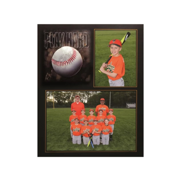 Play Hard Baseball Memory Mate showing baseball motif with 7x5 team and 3x5 individual portrait openings and pull-out stand