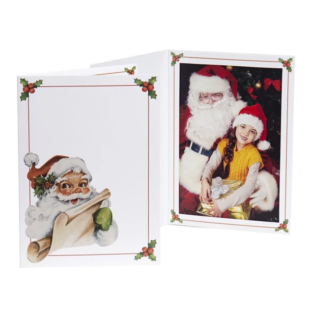 Vintage Santa Folders in 4x6 and 5x7 showing white finish with vintage Santa motif for holiday portrait delivery