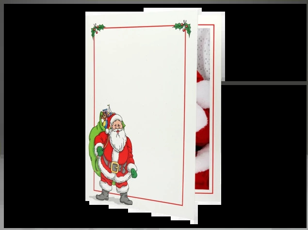 Santa Folder showing multi-color Santa design on white coated board cover in 4x6 and 5x7 sizes