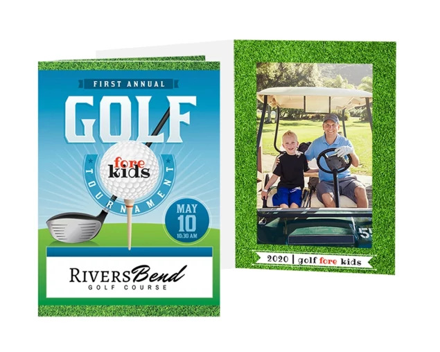 Custom printed photo folder with full color golf tournament design showing branded bottom-loading folder