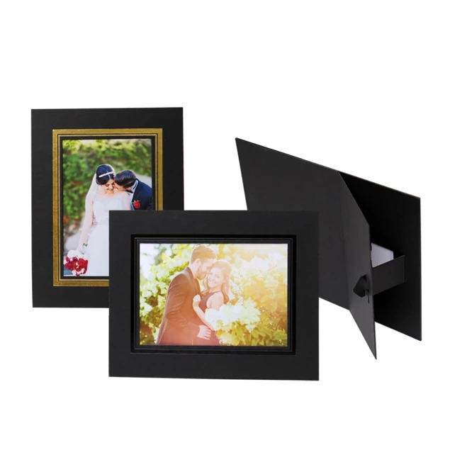 Two Aster Easels displaying wedding portraits     one with gold foil border open showing easel back, one closed     Tyndell