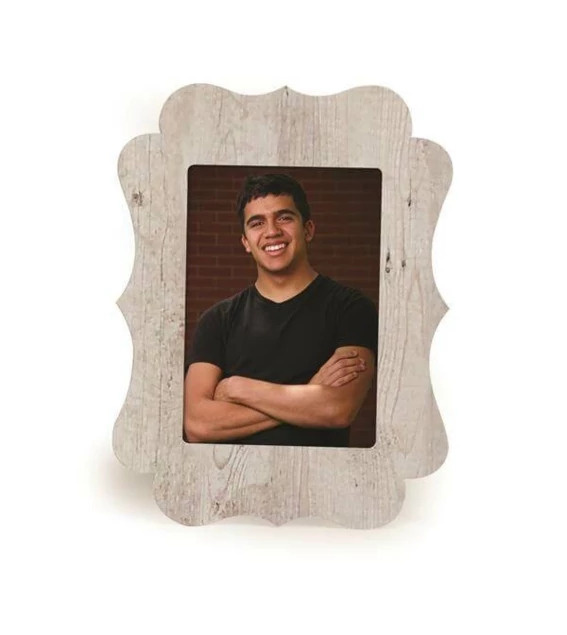 Polly Easel in White Wash finish showing printed front with coordinating back in portrait orientation