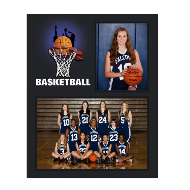 PS-104 Basketball Memory Mate showing multi-color basketball design with 7x5 team and 3x5 individual portrait openings