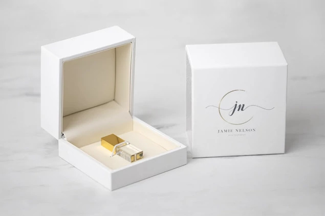 Tyndell White Soft Touch USB Box showing soft touch textured white exterior with slip-in box cover