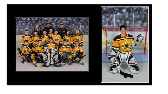 Black Folder open showing hockey team and goalie portrait     matte black sports folder with white accent border