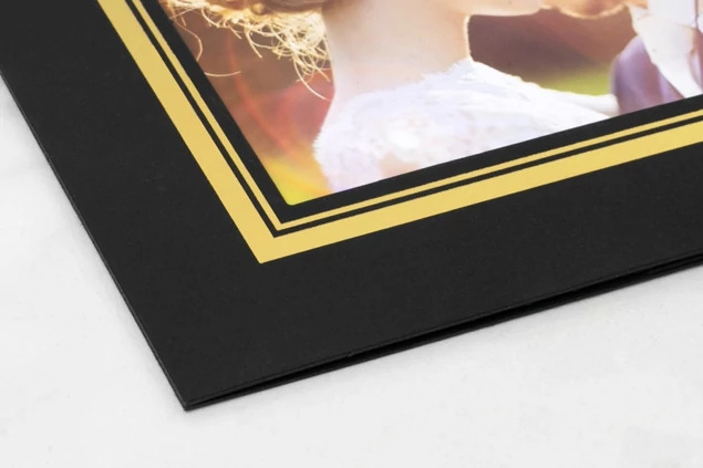 Close-up of Aster Easel corner showing deep black photo mount board with double gold foil border detail     Tyndell