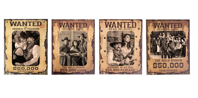 Tyndell Western Posters in all four styles  Wanted Dead or Alive, Wild Bunch, Bonnie and Clyde, and Crimes of Passion
