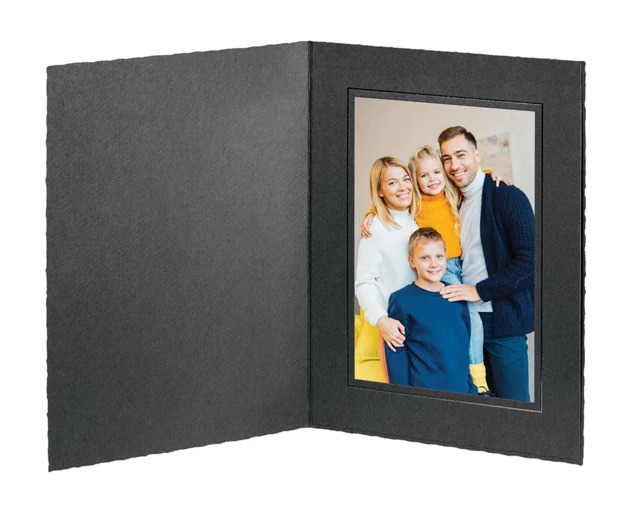 Black Mission Folders in 6x8, 8x6, and 8x10 sizes showing recycled stock with black foil border and bottom-loading design