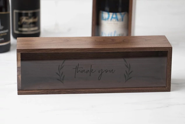 Tyndell Walnut Wood Wine Box with acrylic top open showing removable sliding lid and interior space for standard wine bottle