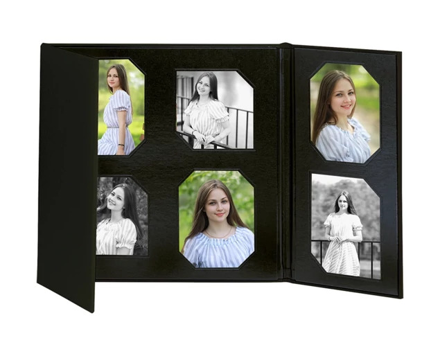 Black Black Glory Days Folio open showing eight 4x5 photo openings with foil border detail