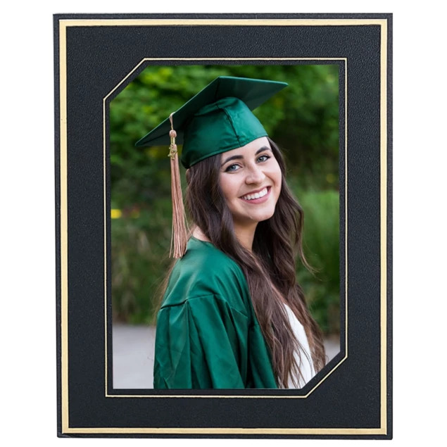 Alumni Easel displaying graduation portrait in cap and gown with gold foil accents     TAP graduation photo easel