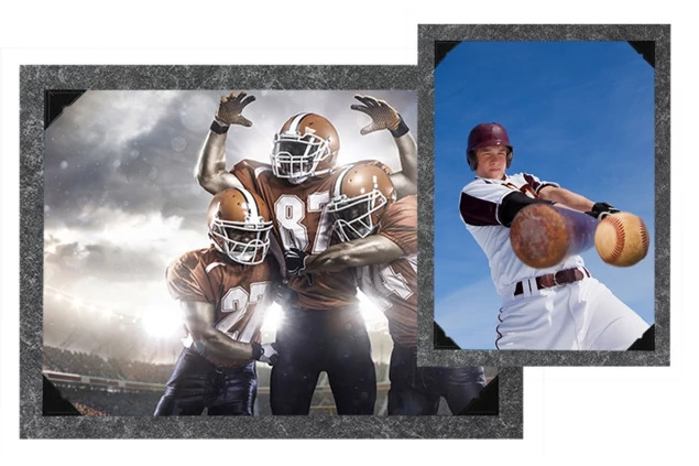 Broadway Easel in black marble shown in two sizes with football and baseball composite     sports digital composite easel mount