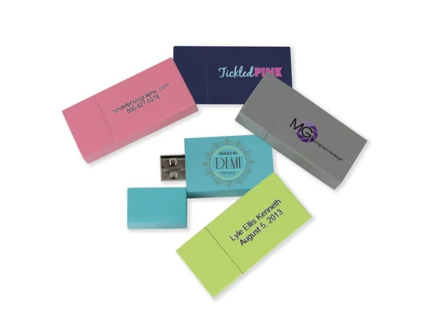 Tyndell Modern Gloss Wood Flash Drives in Lime Green, Navy, and Dusty Rose showing high gloss coated maple wood in 16GB