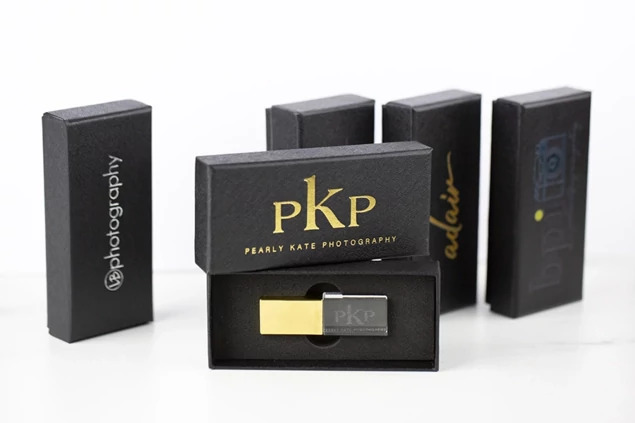 Tyndell USB Gift Box in black coated art paper showing subtle texture with foam insert for flash drive delivery