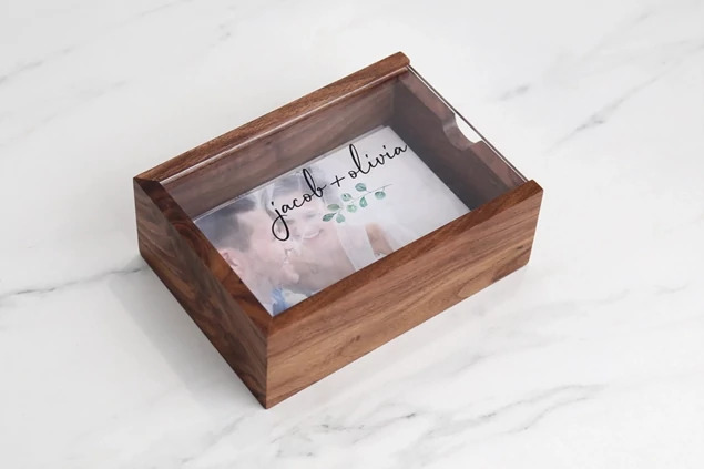 Tyndell Walnut Wood Print Box with acrylic top showing full color printed studio logo on clear acrylic lid