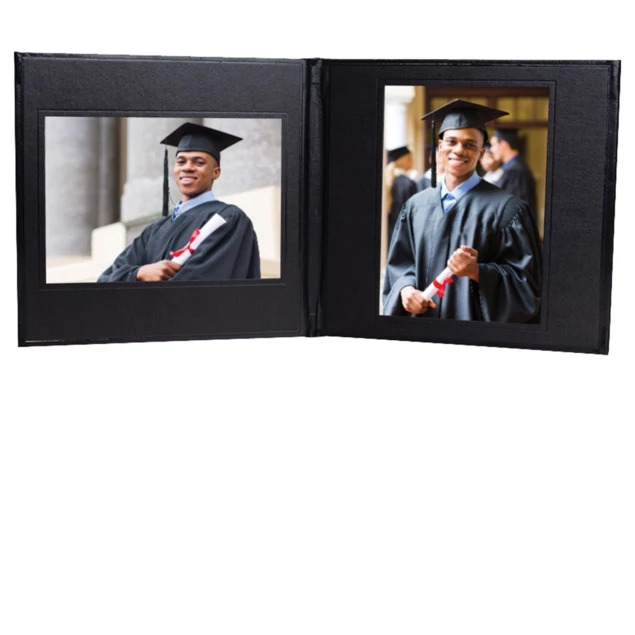 Black Custom View Folio Cover 57-2 shown open with black mats displaying portrait photos