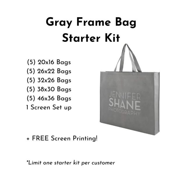Slate gray Frame Bag Starter Kit showing all 5 sizes from 20x16 to 46x36 with screen printed branding