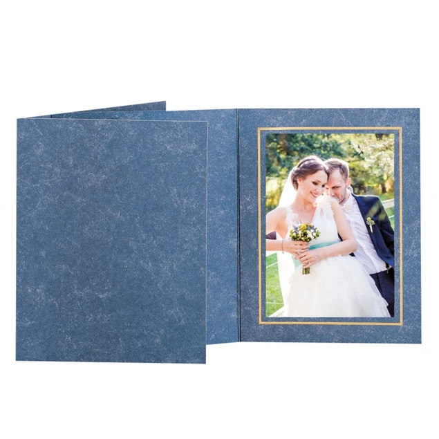 Blue marble and gold Capri Folders displayed open in multiple sizes showing side-loading portrait folder design