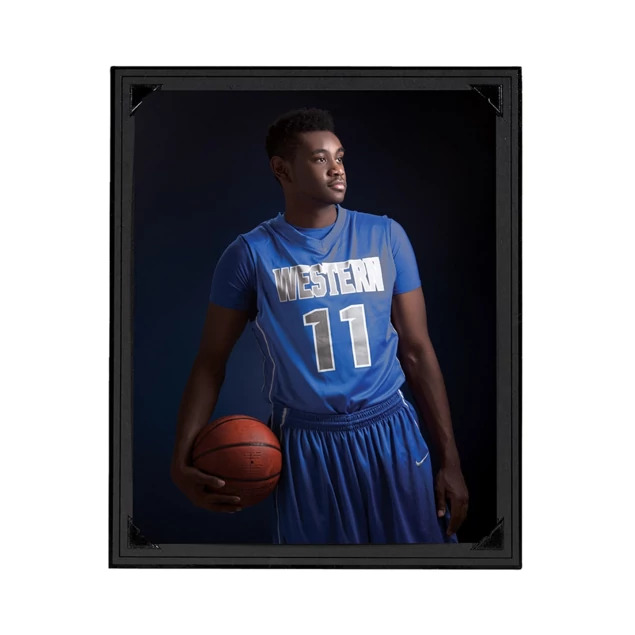 Black Digital Easel displaying basketball player portrait showing full frame corner tuck design