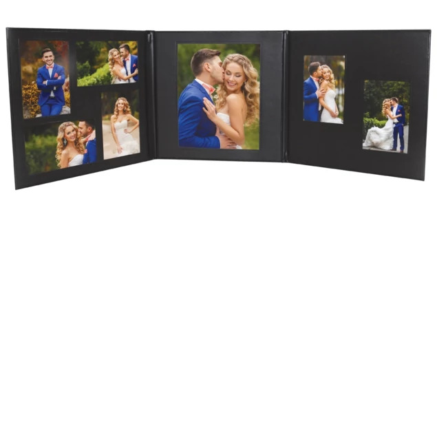 Black Custom View Folio Cover 80-3 shown open with black mats in multiple layout configurations