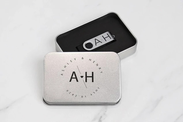 Tyndell USB Swivel Drive and Aluminum Metal Tin Bundle in Black, White, Titanium, and Teal showing 2GB through 16GB capacities