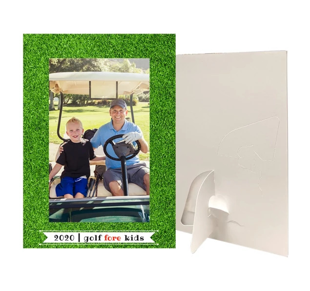 Custom printed photo folder shown front and back with full color design and bottom-loading construction