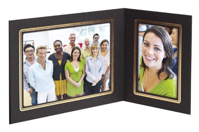 Sycamore Folder in 7x5 3x5 showing ebony finish with gold foil border for sports picture day delivery