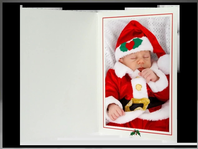 Santa Folder open showing bottom-loading design and thumb tab for secure holiday portrait delivery