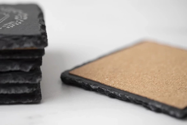 Set of four Tyndell Slate Coasters showing real slate construction with cork bottom in natural finish