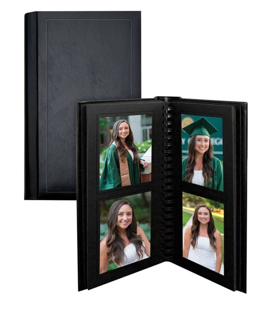 Black Encore Album open showing comb-bound simulated leather cover with 4x5 photo leaves for 40 prints