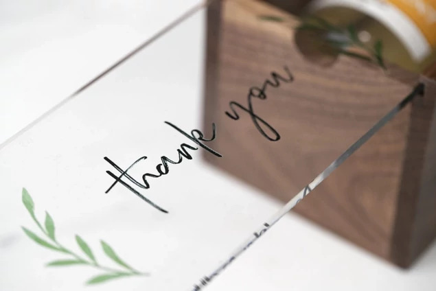 Tyndell Walnut Wood Wine Box with acrylic top showing full color printed studio logo or name on clear acrylic sliding lid