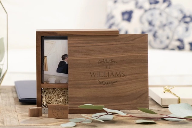 Tyndell Walnut Wood Flash and Print Box with laser engraved studio logo on natural walnut wood lid