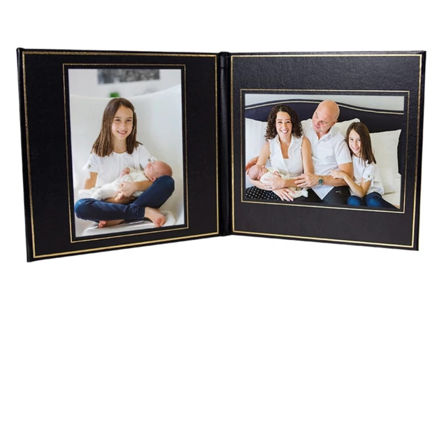 Black Custom View Folio Cover 57-2 shown open with black and gold mats displaying portrait photos