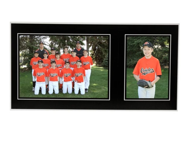 Black Folder open flat showing baseball team and individual portrait     7x5 5x7 two-print black photo folder